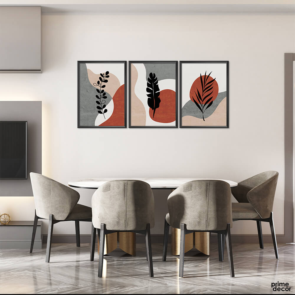 Black Leaves over Abstract Background (3 Panel) Floral Wall Art - Prime Décor