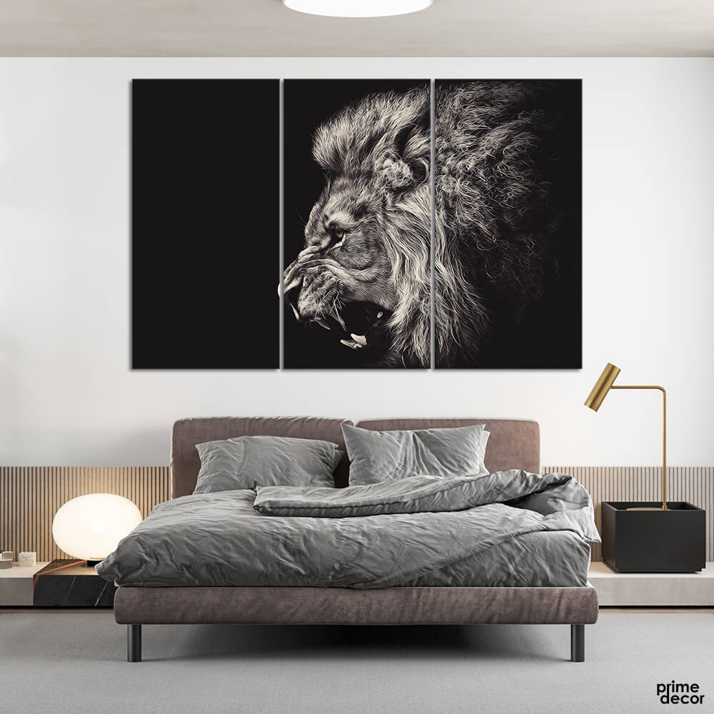 Black & White African Lion (3 Panel) Animal Wall Art On Sale - Prime Décor