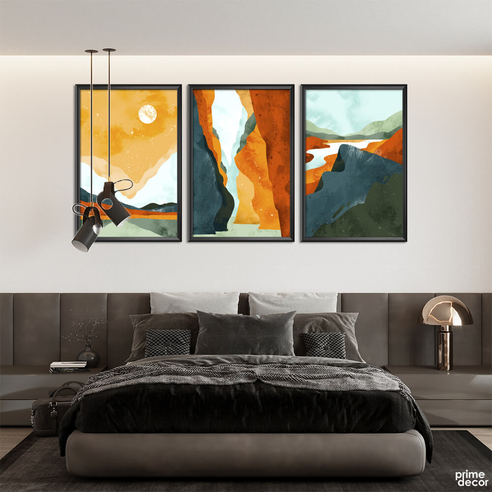 Blue Vector Mountain Ranges (3 Panel) Abstract Wall Art - Prime Décor