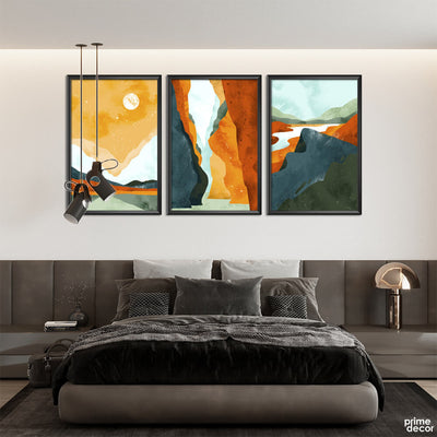 Blue Vector Mountain Ranges (3 Panel) Abstract Wall Art - Prime Décor