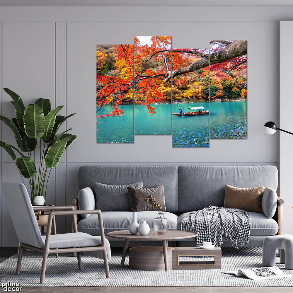 Boatman in Autumn River Arashiyama Japan (4 Panel) Nature Wall Art - Prime Décor