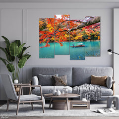 Boatman in Autumn River Arashiyama Japan (4 Panel) Nature Wall Art - Prime Décor