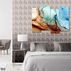Brown & Ocean Blue Fluid (4 Panel) Abstract Wall Art - Prime Décor