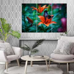 Butterfly on Orange Flowers Macro (3 Panel) Nature Wall Art - Prime Décor