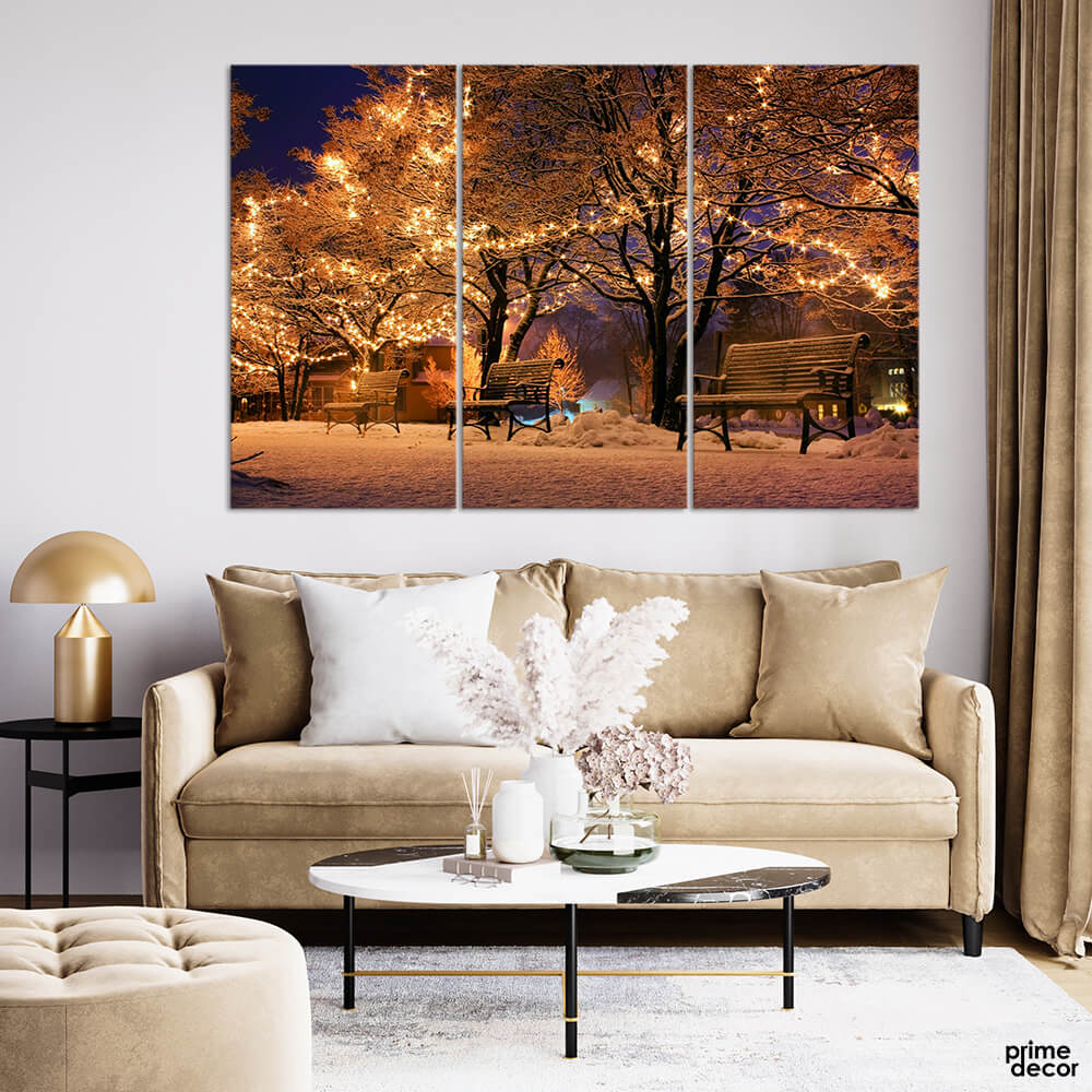 City Night Lights Snowy Benches (3 Panel) Landscape Wall Art On Sale - Prime Décor