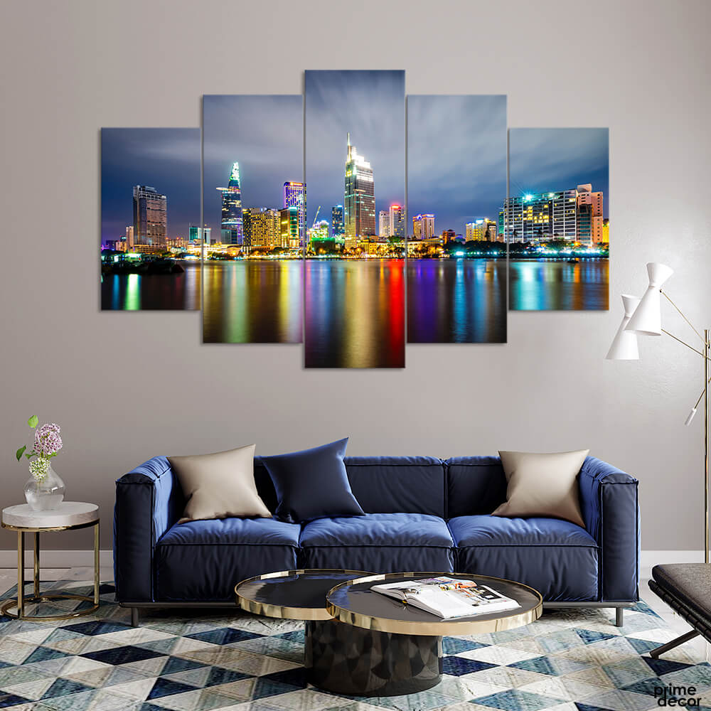 Colored River Along with City Skyline (5 Panel) Landscape Wall Art - Prime Décor