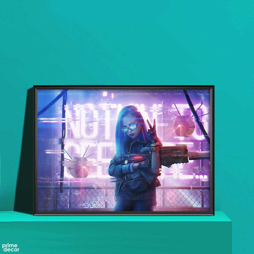Cyberpunk Girl With Gun Neon | Anime Poster Wall Art - Prime Décor