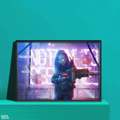 Cyberpunk Girl With Gun Neon | Anime Poster Wall Art - Prime Décor