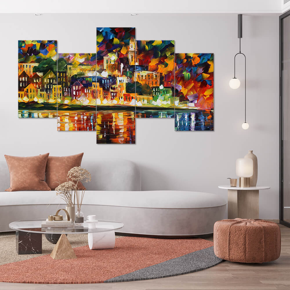 Colorful Houses Oil Paint Strokes (5 Panel) Digital Wall Art On Sale - Prime Décor