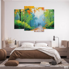 Couple on an Autumn Route Oil Painting (4 Panel) Landscape Wall Art - Prime Décor