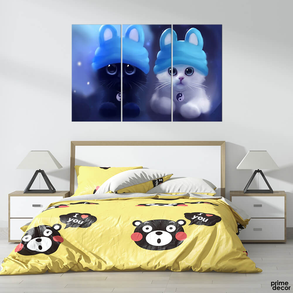 Cute Blue And White Kitten (3 Panel) Kids Wall Art - Prime Décor