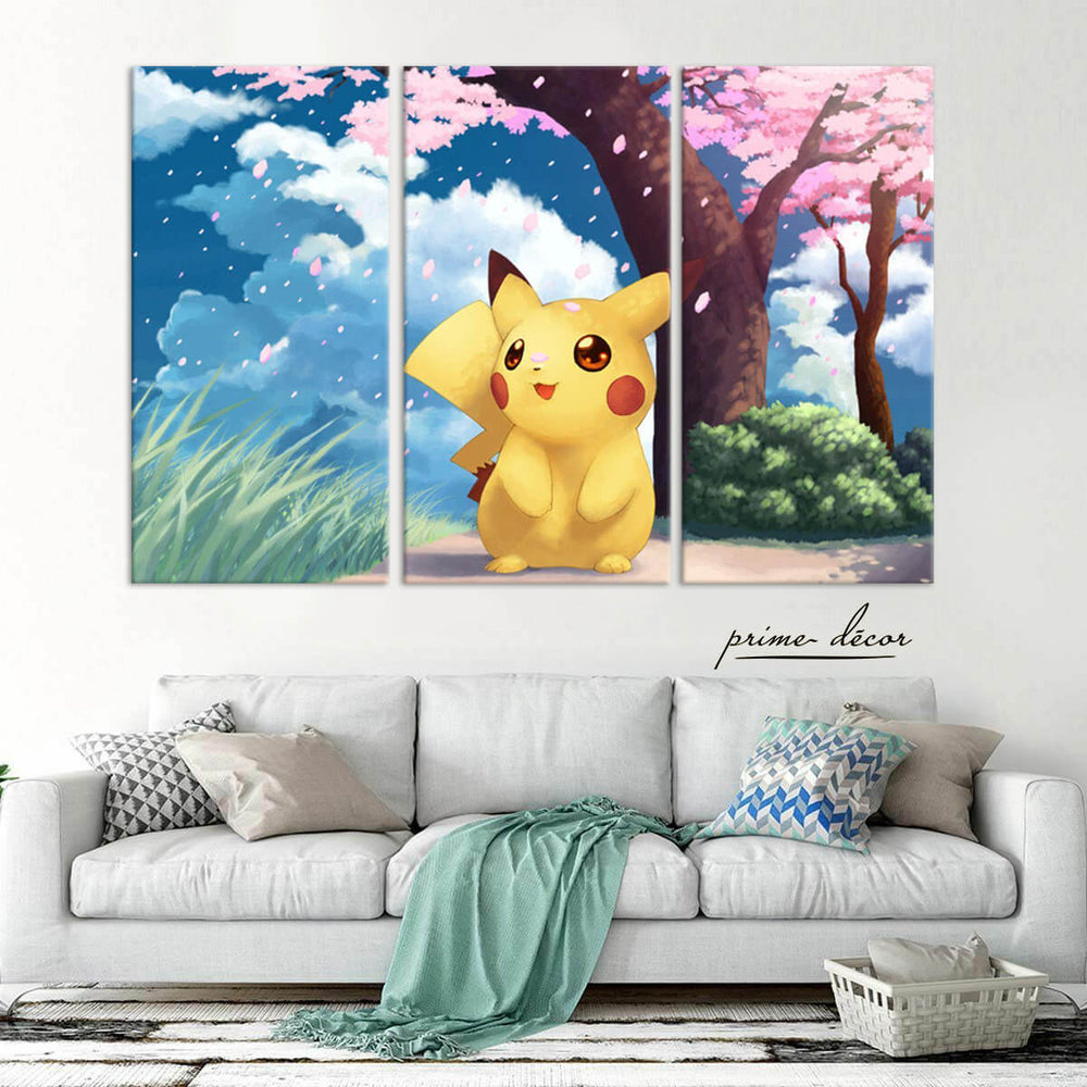 Cute Pickachu (3 Panel) Pokémon Wall Art - Prime Décor