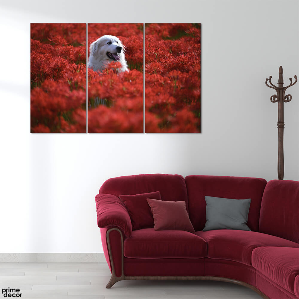 Cute White Dog in Red Lilies (3 Panel) Animal Wall Art - Prime Décor