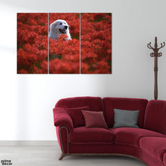 Cute White Dog in Red Lilies (3 Panel) Animal Wall Art - Prime Décor