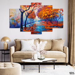 Dark Orange Autumn Trees Oil Paint (5 Panel) Nature Wall Art - Prime Décor