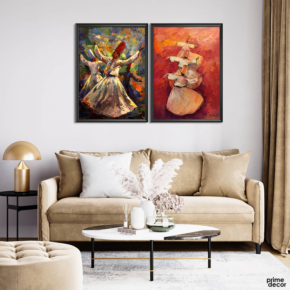 Darwesh Sufi Dancers Oil Paint Art (2 Panel) Digital Wall Art On Sale - Prime Décor