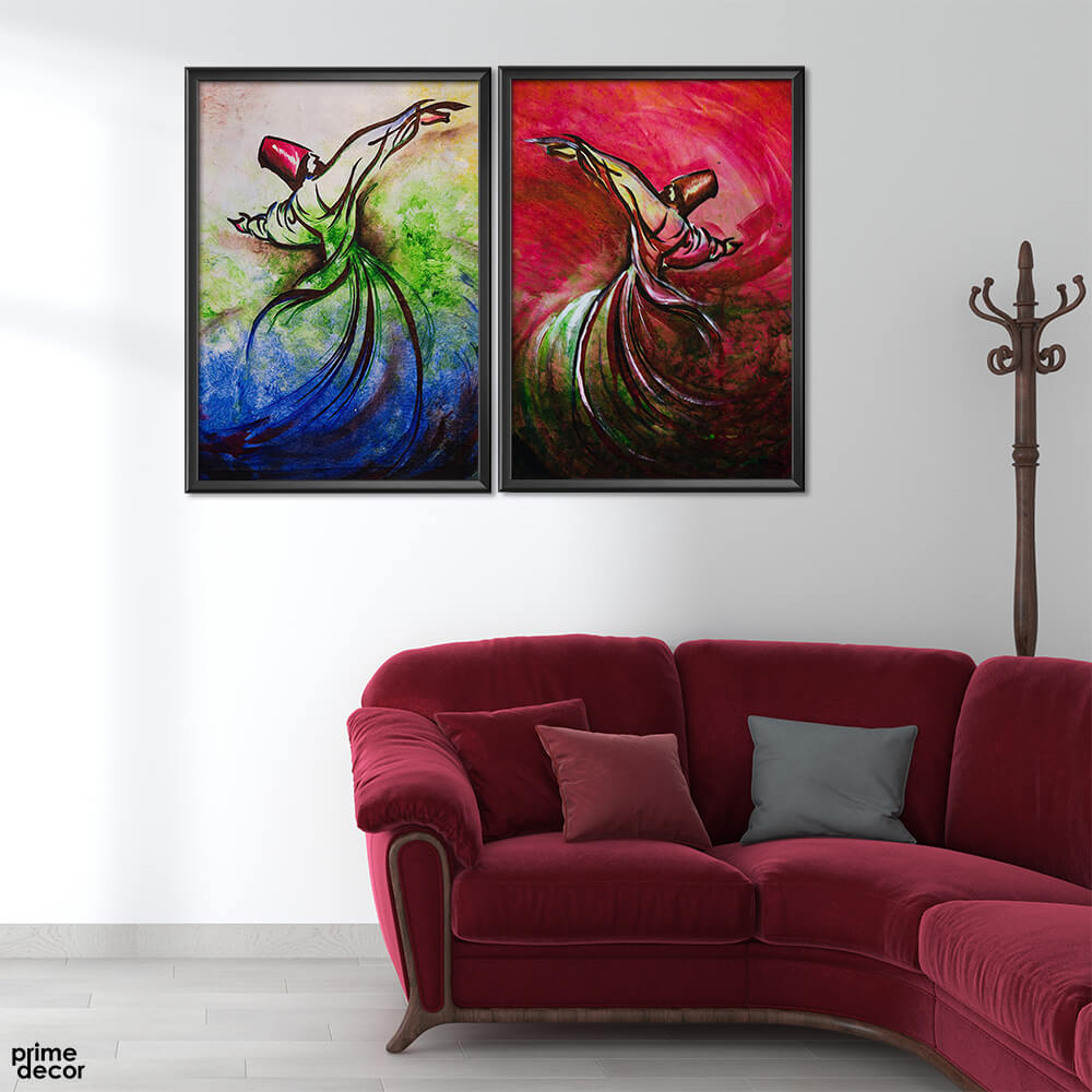 Darwesh Sufi Dancers Oil Paint II (2 Panel) Sufi Wall Art - Prime Décor