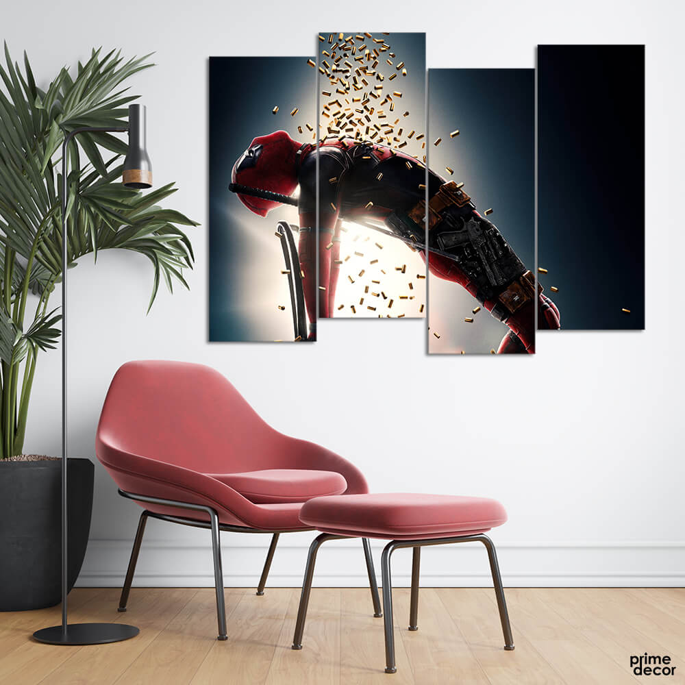 Deadpool Showering Bullets (4 Panel) Movie Wall Art – Prime Décor