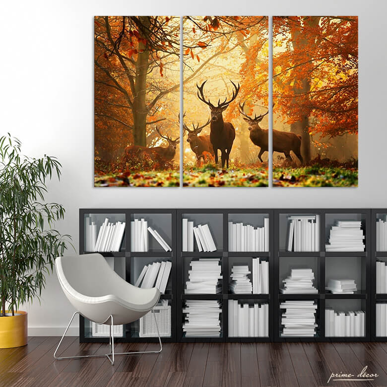 Deer in the Autumn Woods (3 Panel) Nature Wall Art - Prime Décor