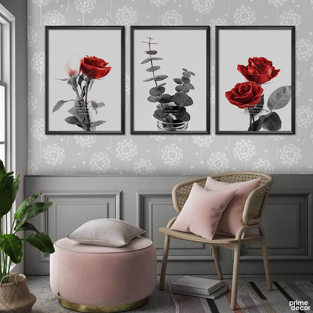 Duotone Charcoal Shade Rose Flower Design (3 Panel) Nordic Wall Art - Prime Décor