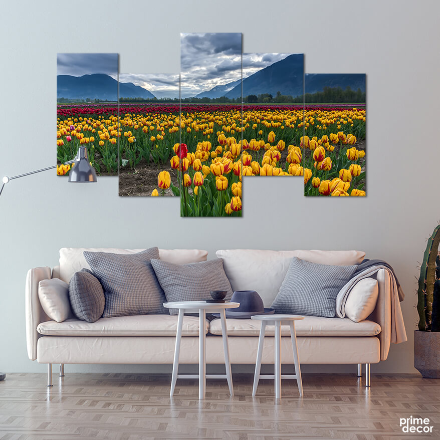Field of Yellow Tulips (5 Panel) Floral Wall Art - Prime Décor