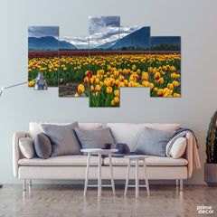 Field of Yellow Tulips (5 Panel) Floral Wall Art - Prime Décor
