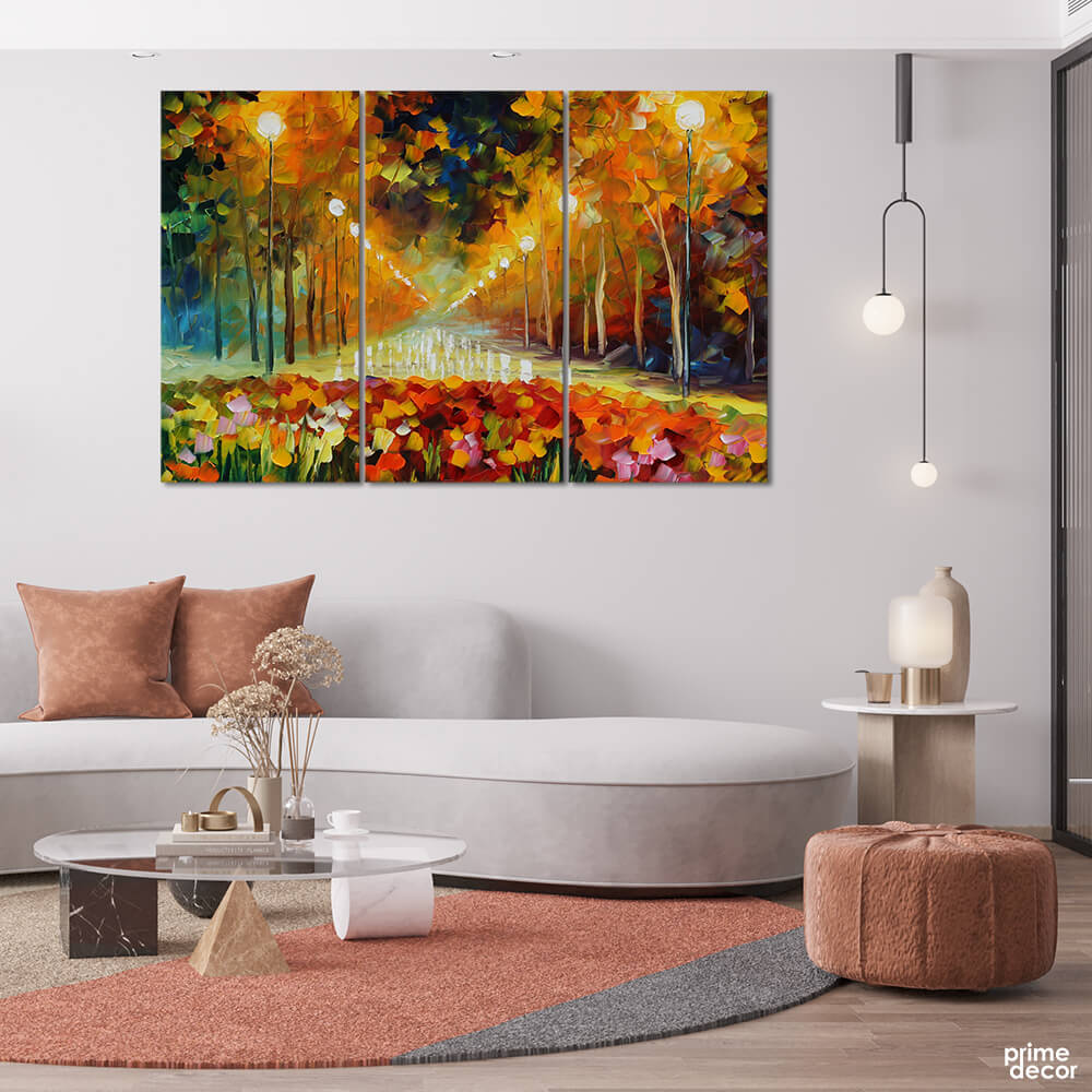 Flowery Pathway with Street Lights (3 Panel) Digital Wall Art– Prime Décor