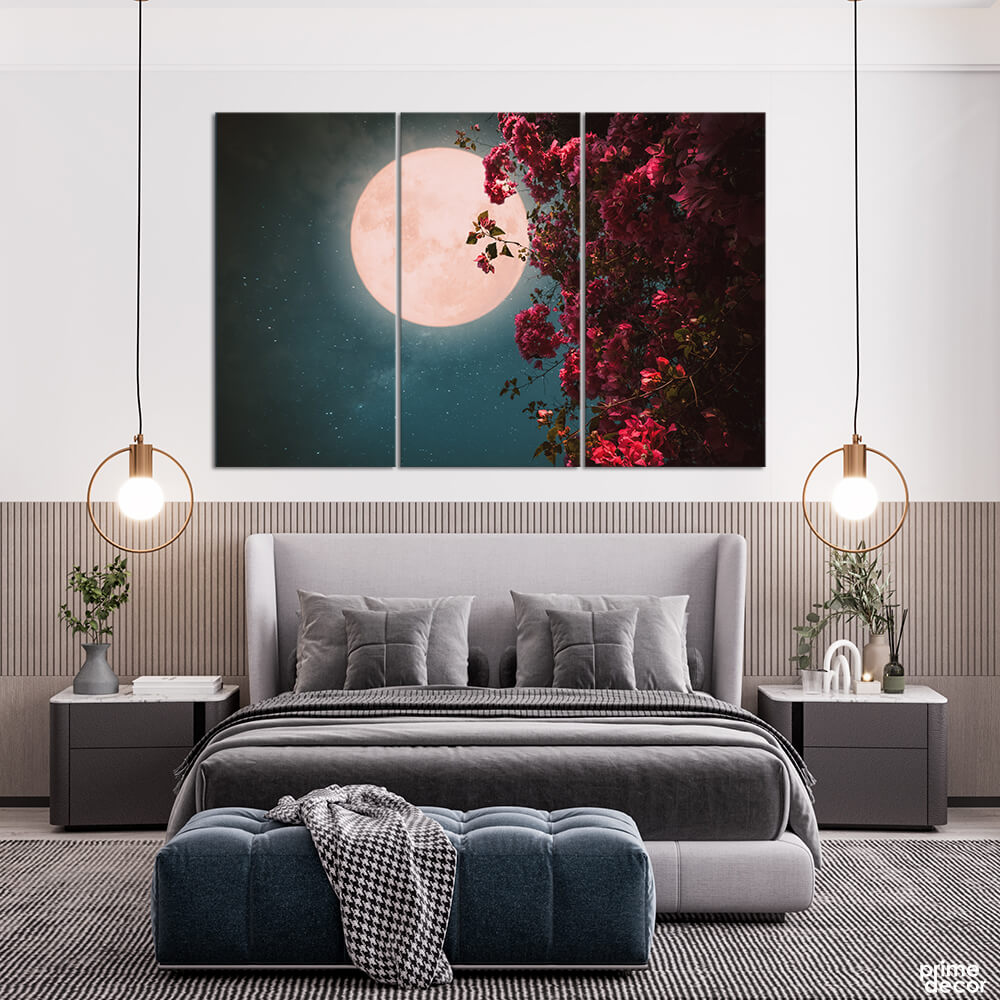 Full Moon Behind the Red Lilies (3 Panel) Landscape Wall Art On Sale - Prime Décor