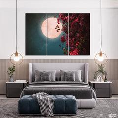 Full Moon Behind the Red Lilies (3 Panel) Landscape Wall Art On Sale - Prime Décor