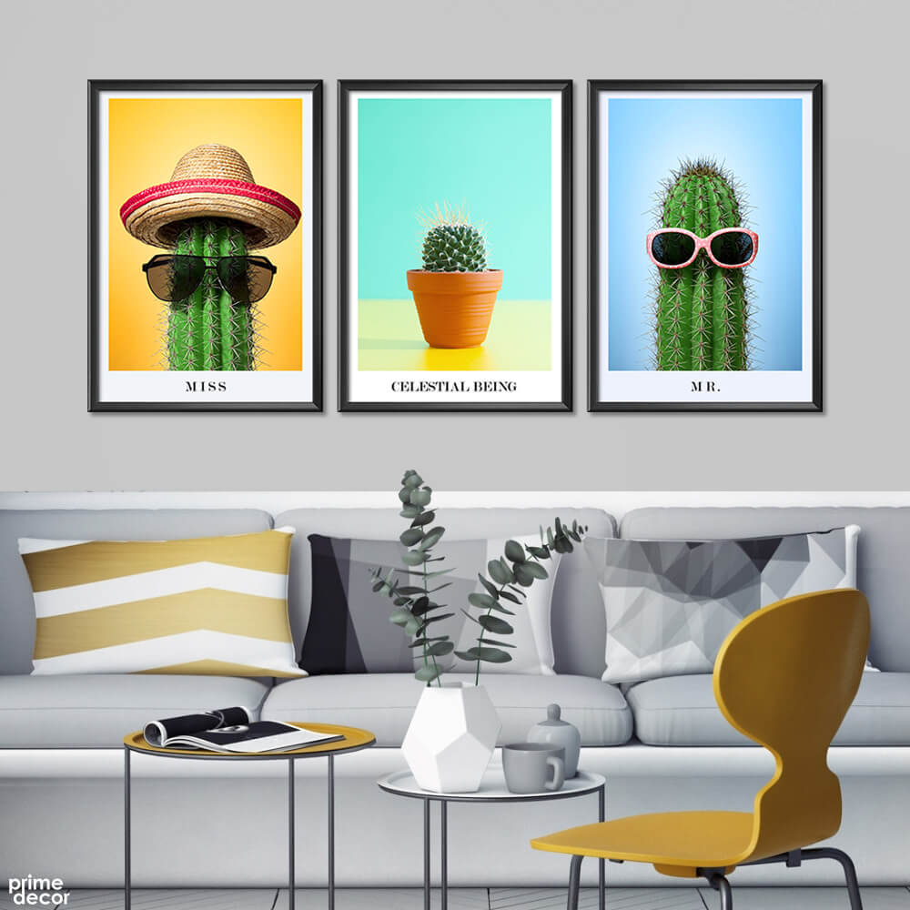 Funny Cactus Family (3 Panel) Nordic Wall Art - Prime Décor