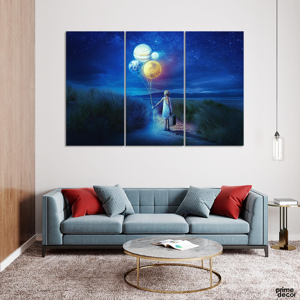 Girl Holding Balloon Planets (3 Panel) Fictional Wall Art - Prime Décor