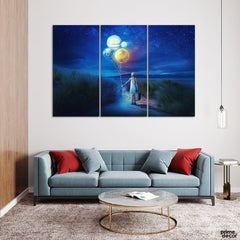 Girl Holding Balloon Planets (3 Panel) Fictional Wall Art - Prime Décor