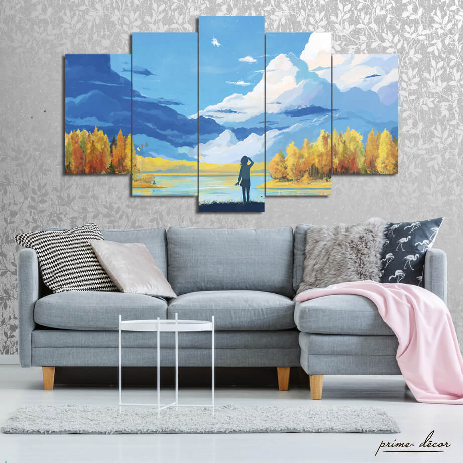 Girl in Front of Mountain Cones (5 Panel) Landscape Wall Art - Prime Décor