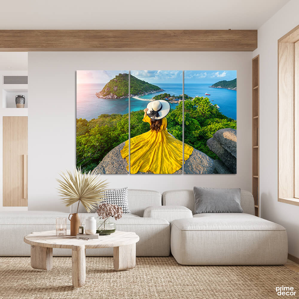 Girl on the Island in Yellow Dress (3 Panel) Landscape Wall Art - Prime Décor
