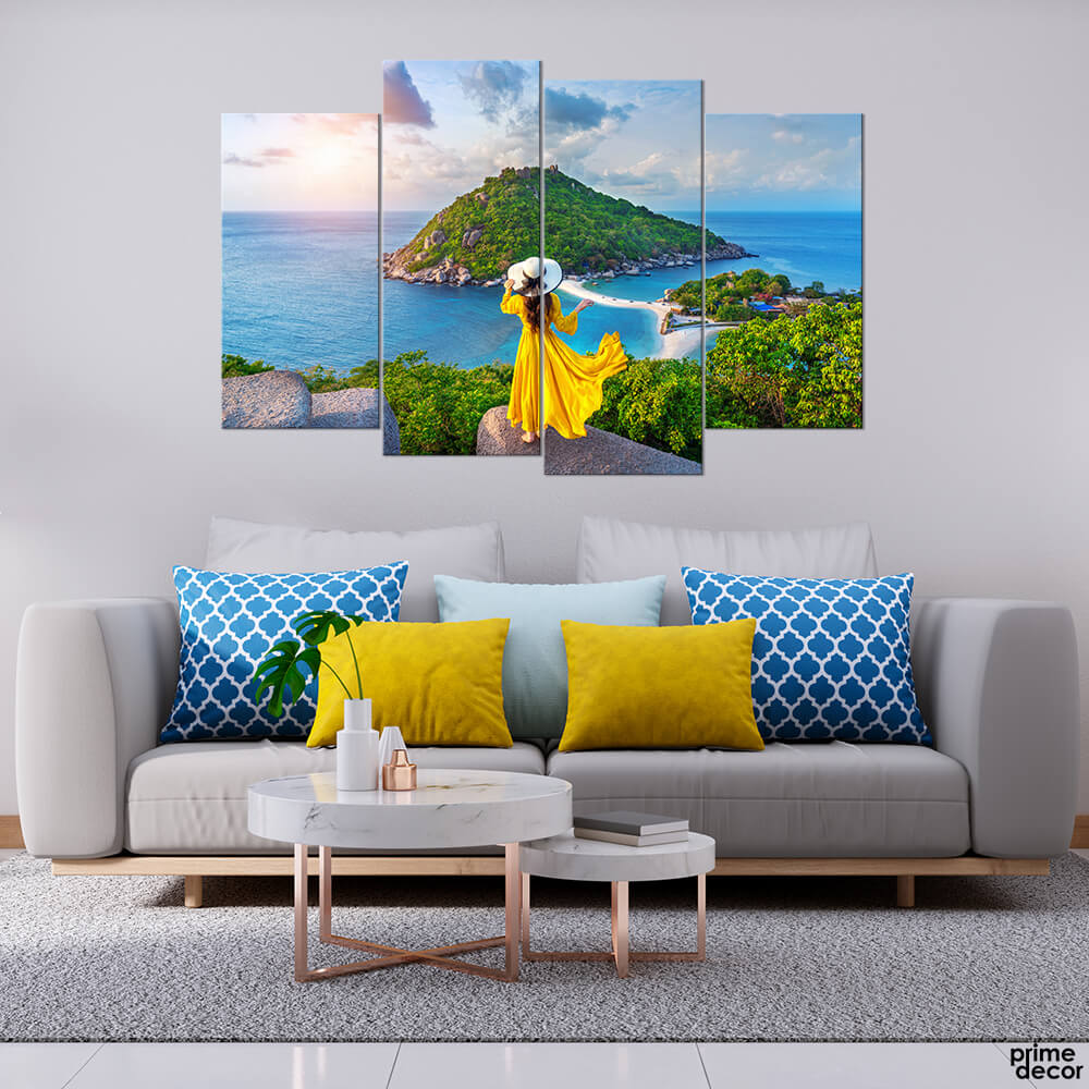Girl on the Island in Yellow Dress (4 Panel) Landscape Wall Art - Prime Décor