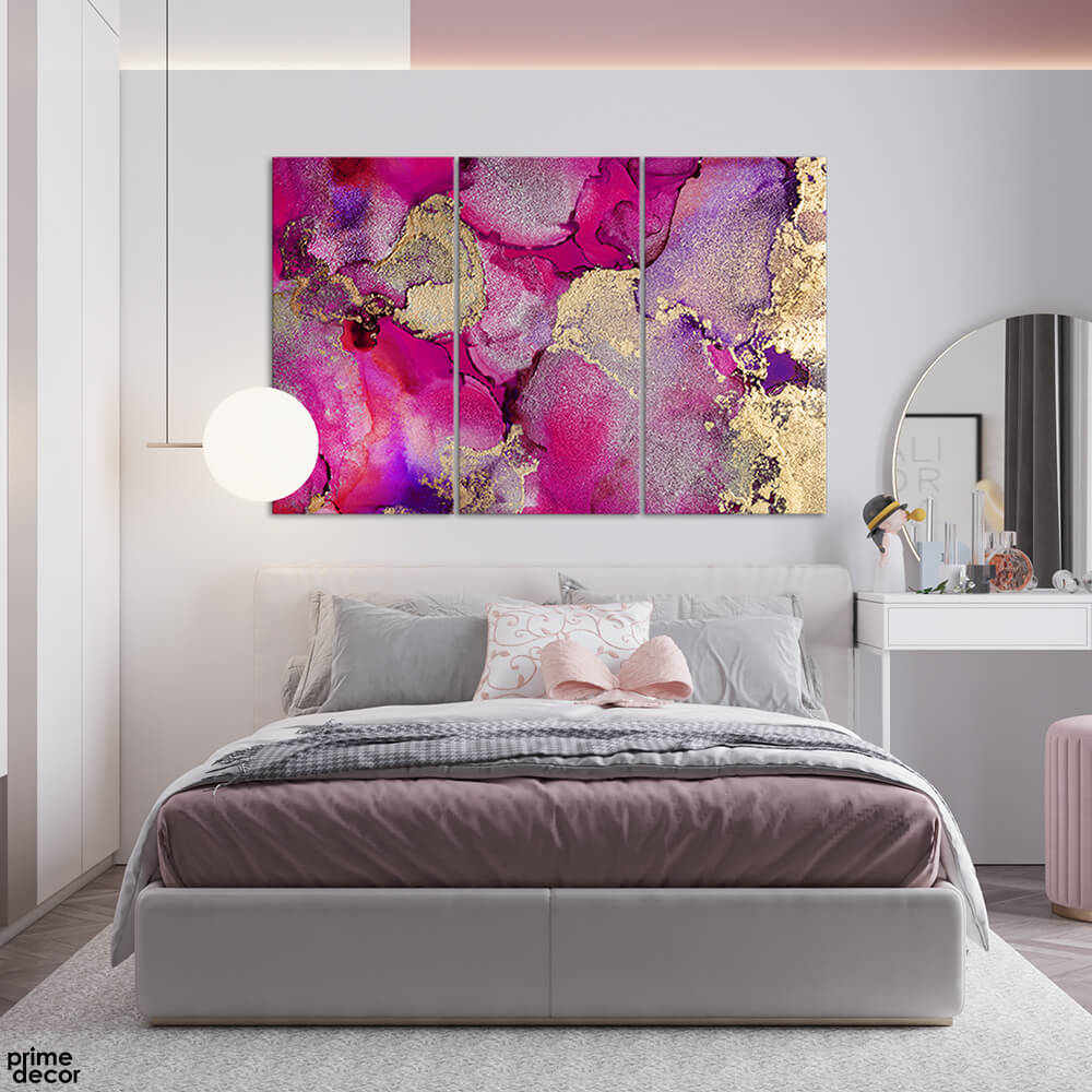 Gold & Pink Alcohol Ink Fluid Design (3 Panel) Abstract Wall Art - Prime Décor