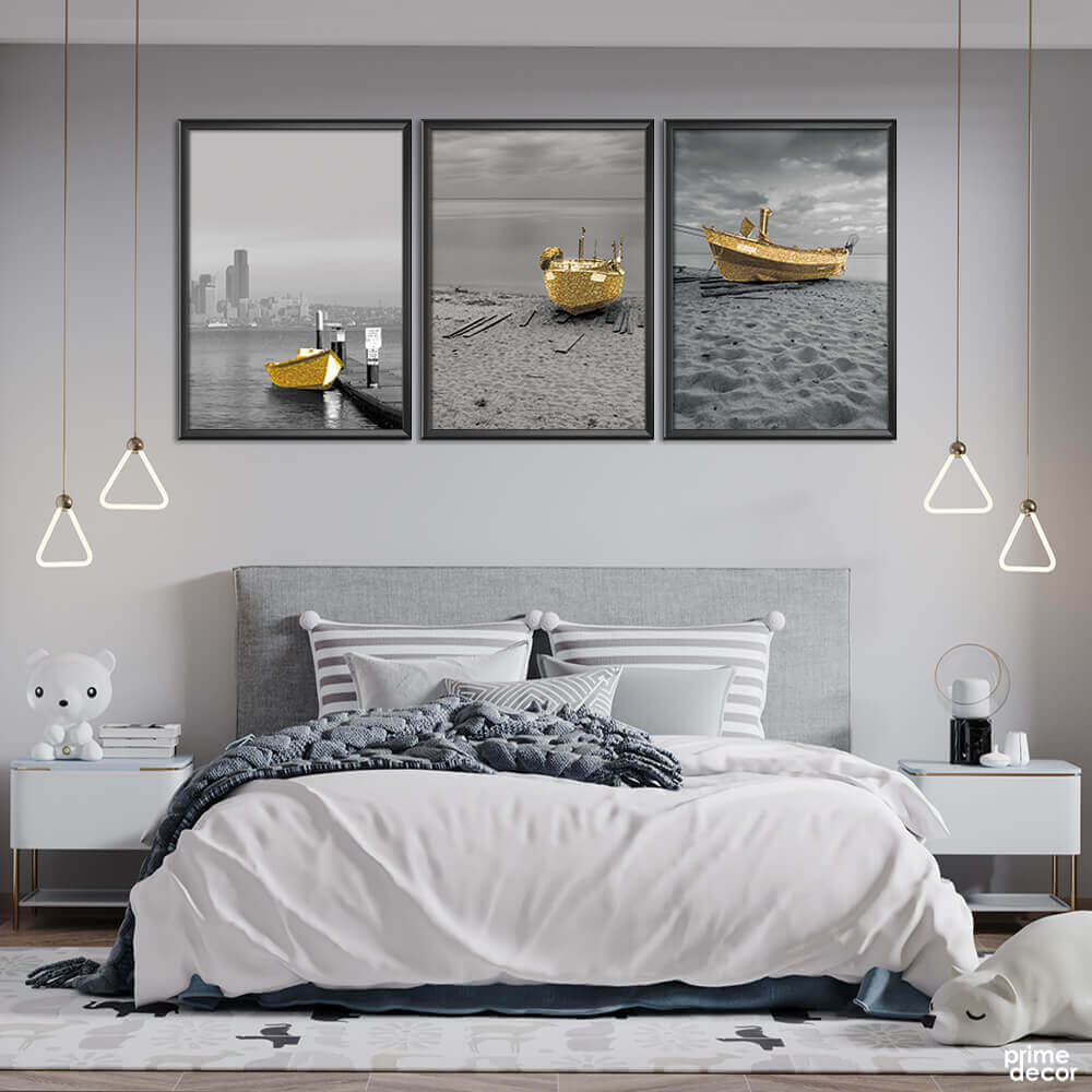 Golden Boat at Beach (3 Panel) Nordic Wall Art - Prime Décor