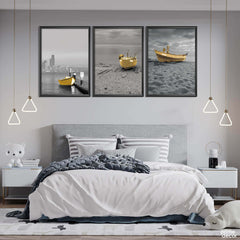 Golden Boat at Beach (3 Panel) Nordic Wall Art - Prime Décor