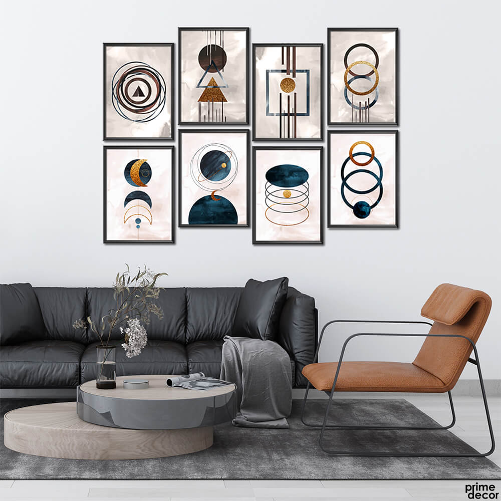 Golden & Blue Circles Abstract Collection (8 Panel) Digital Wall Art - Prime Décor