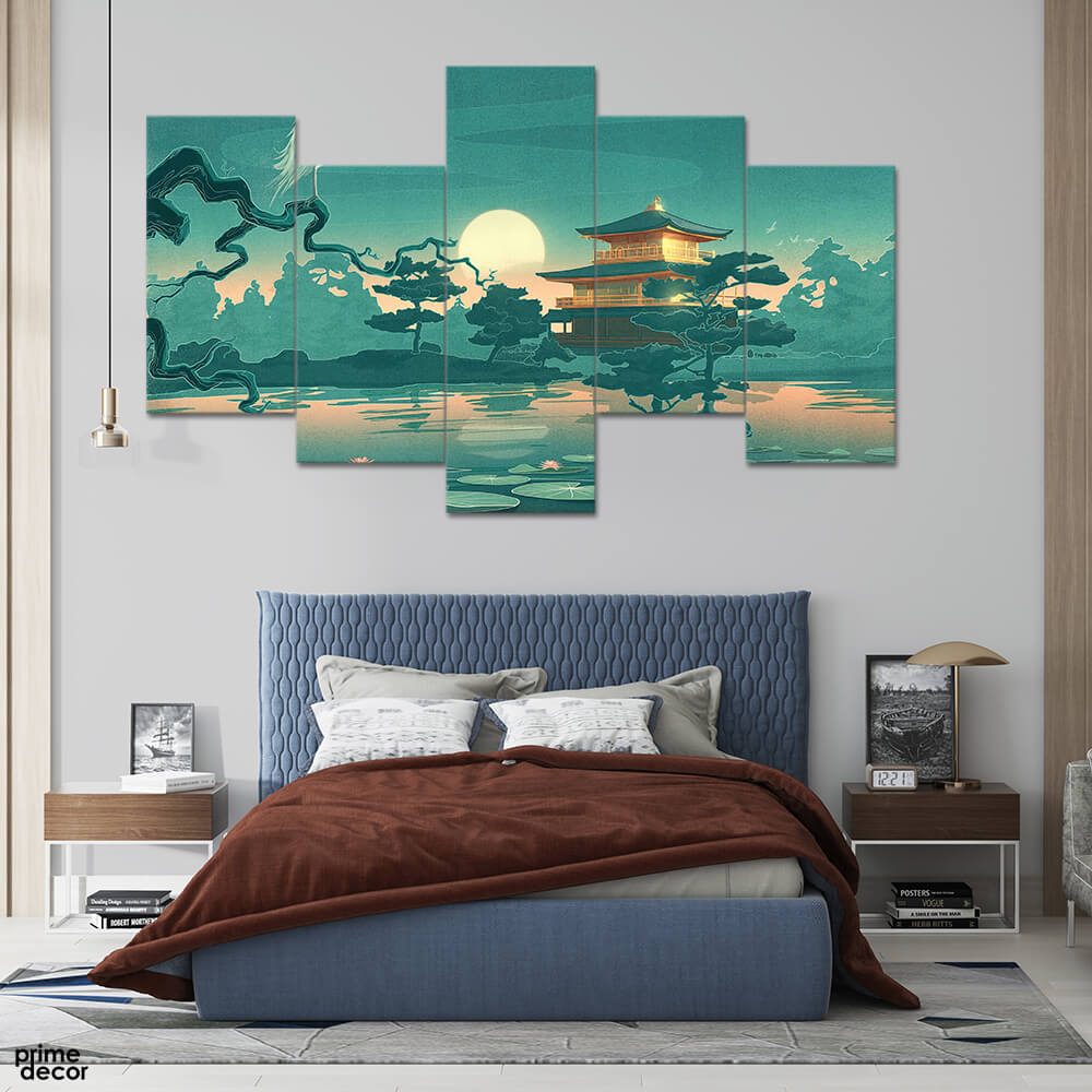 Green Chinese Style Hut (5 Panel) Digital Wall Art - Prime Décor