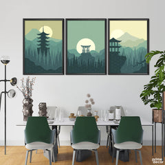 Green Minimal Japanese Architecture (3 Panel) Digital Wall Art - Prime Décor