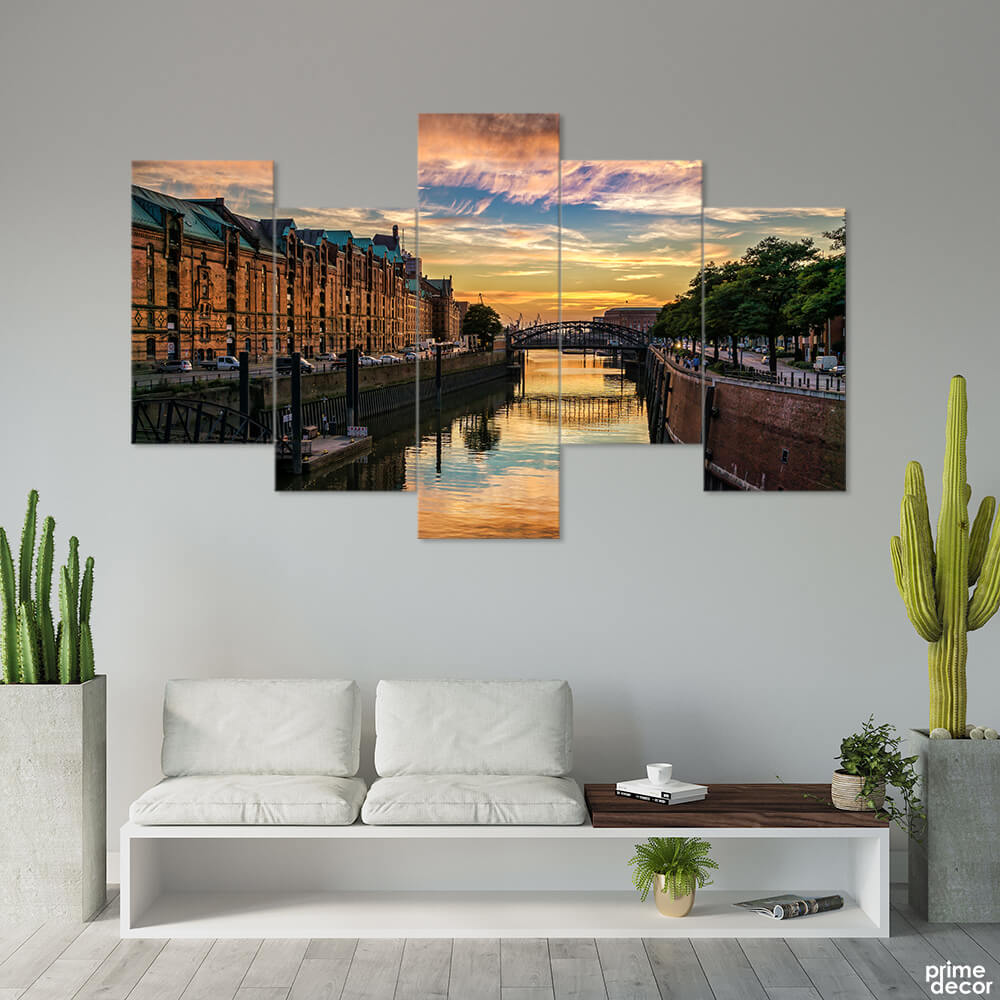 Hamburg City Sunset at Bridge (5 Panel) Landscape Wall Art - Prime Décor