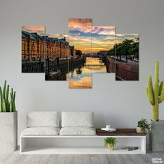 Hamburg City Sunset at Bridge (5 Panel) Landscape Wall Art - Prime Décor