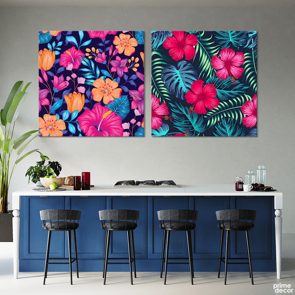 Hibiscus Flowers with Tropical Leaves (2 Panel) Floral Wall Art - Prime Décor