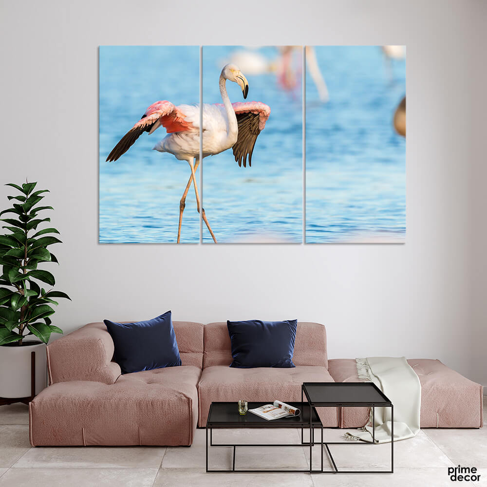 Huge Flamingo on Seashore (3 Panel) Animal Wall Art - Prime Décor