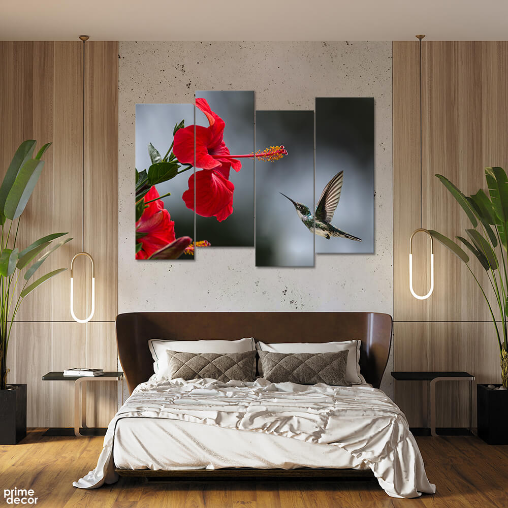 Hummingbird with Red Hibiscus Flower (4 Panel) Floral Wall Art - Prime Décor