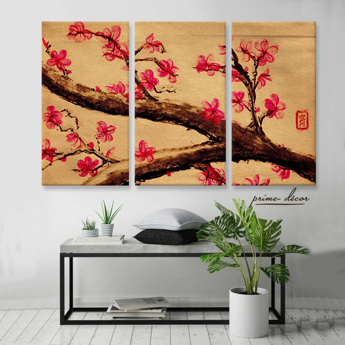 Japanese Pink Flower (3 Panel) Wall Art– Prime Décor