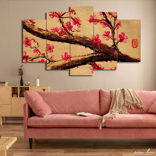 Japanese Pink Flower (5 Panel) Wall Art - Prime Décor