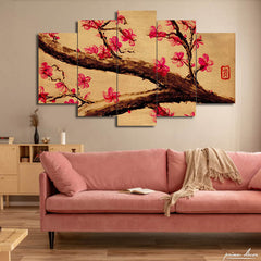 Japanese Pink Flower (5 Panel) Wall Art - Prime Décor