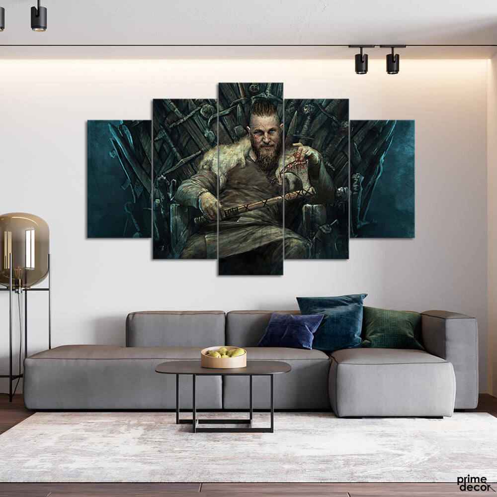King Ragnar on Iron Throne (5 Panel) Movie Wall Art - Prime Décor
